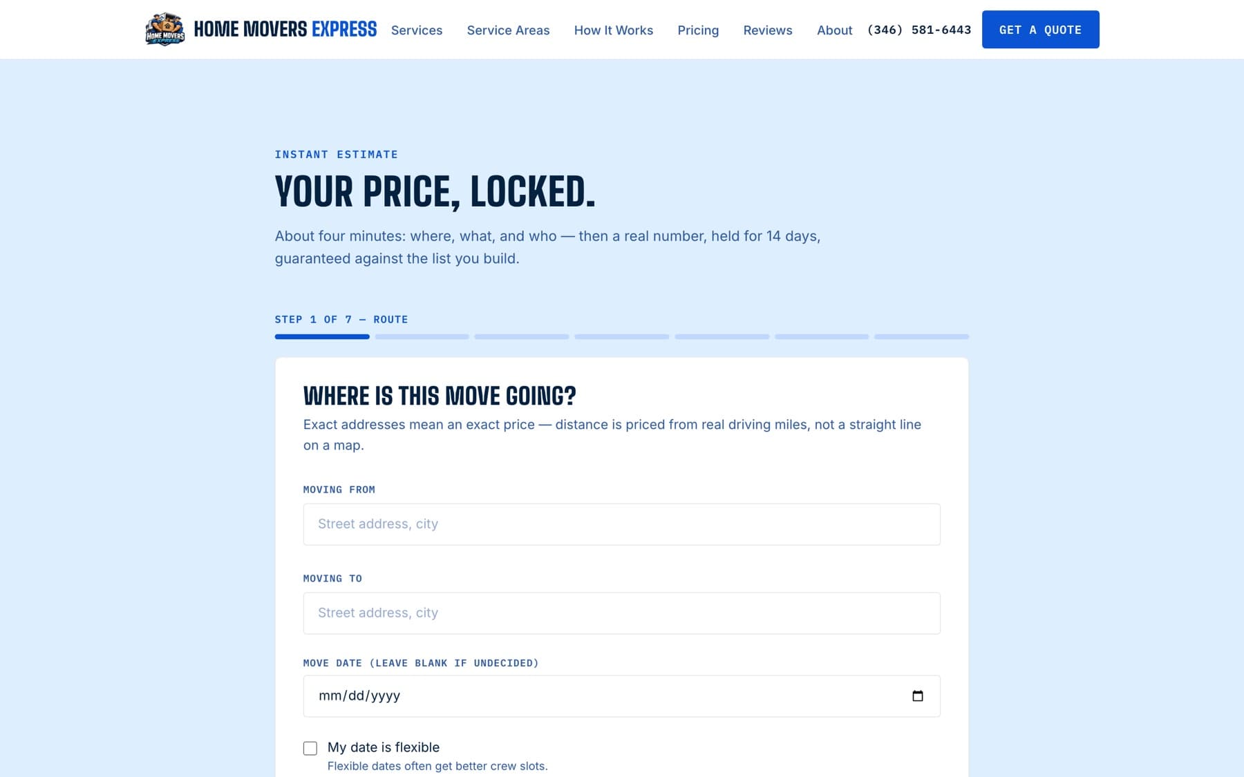Home Movers Express instant estimate, step 1 of 7