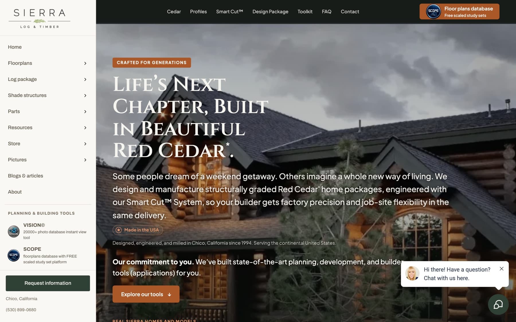 Sierra Log & Timber homepage with a red cedar log home